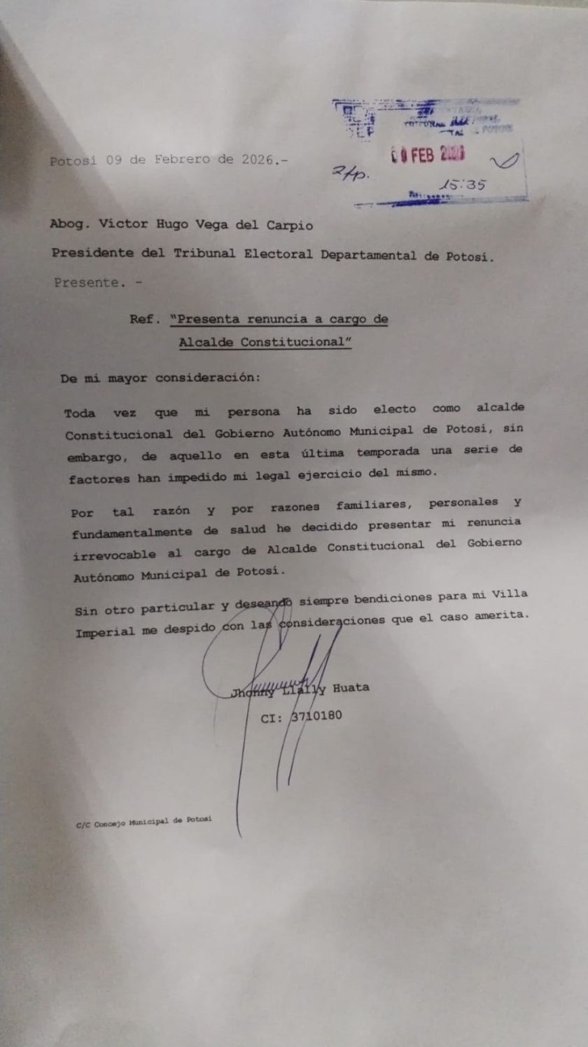 Jhonny Llally renuncia y abre la puerta para nueva elección de alcalde