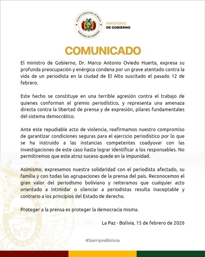 Gobierno pide hallar a los responsables de ataque contra periodista en El Alto 