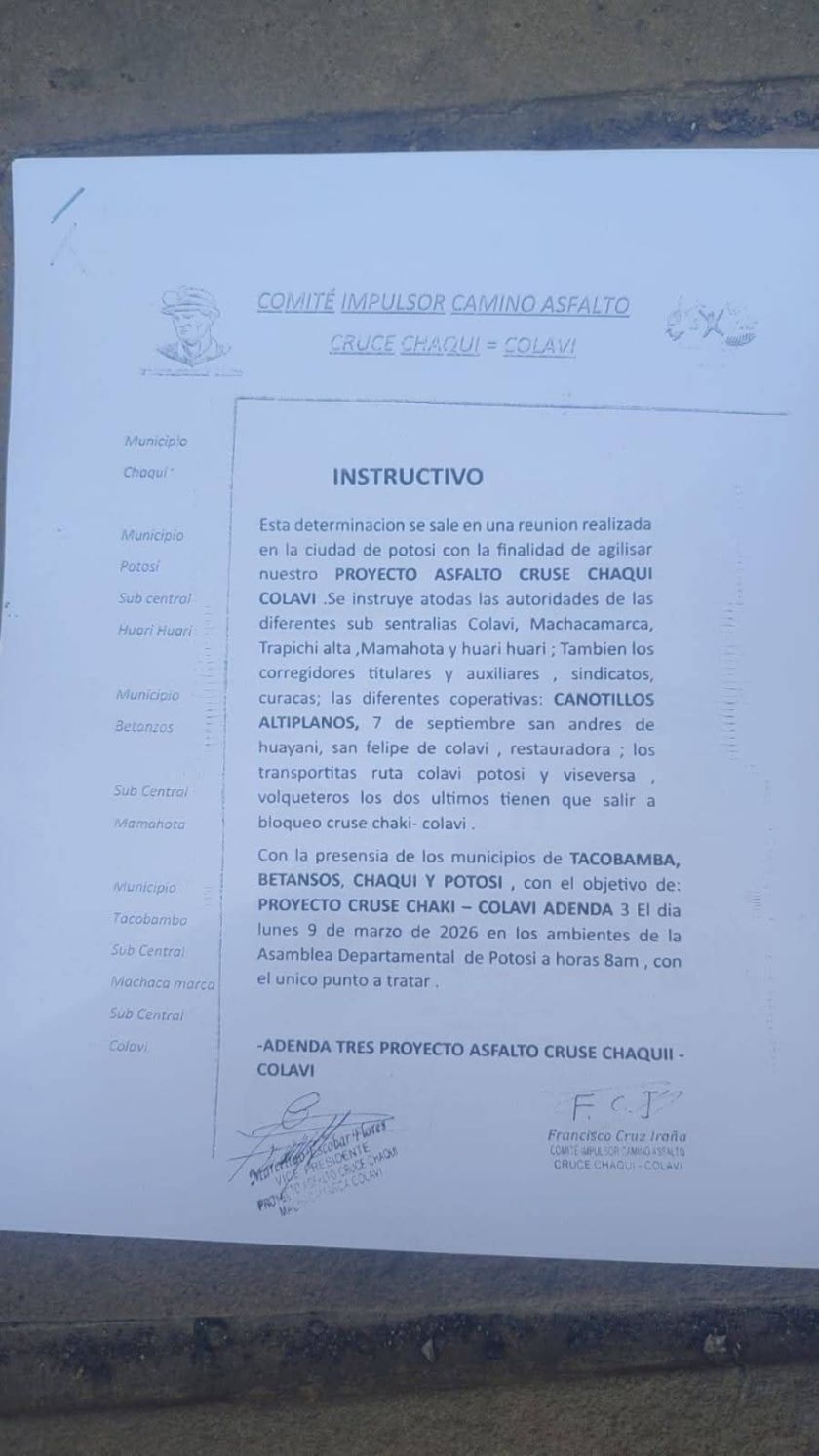 Llaman a bloquear la vía a Sucre por proyecto asfaltado Cruce Chaquí-Colavi