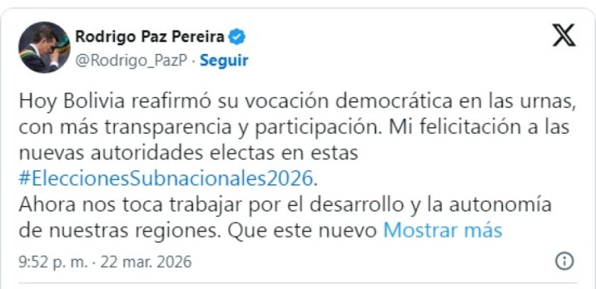 Presidente Paz felicita a autoridades electas y anuncia trabajo conjunto
