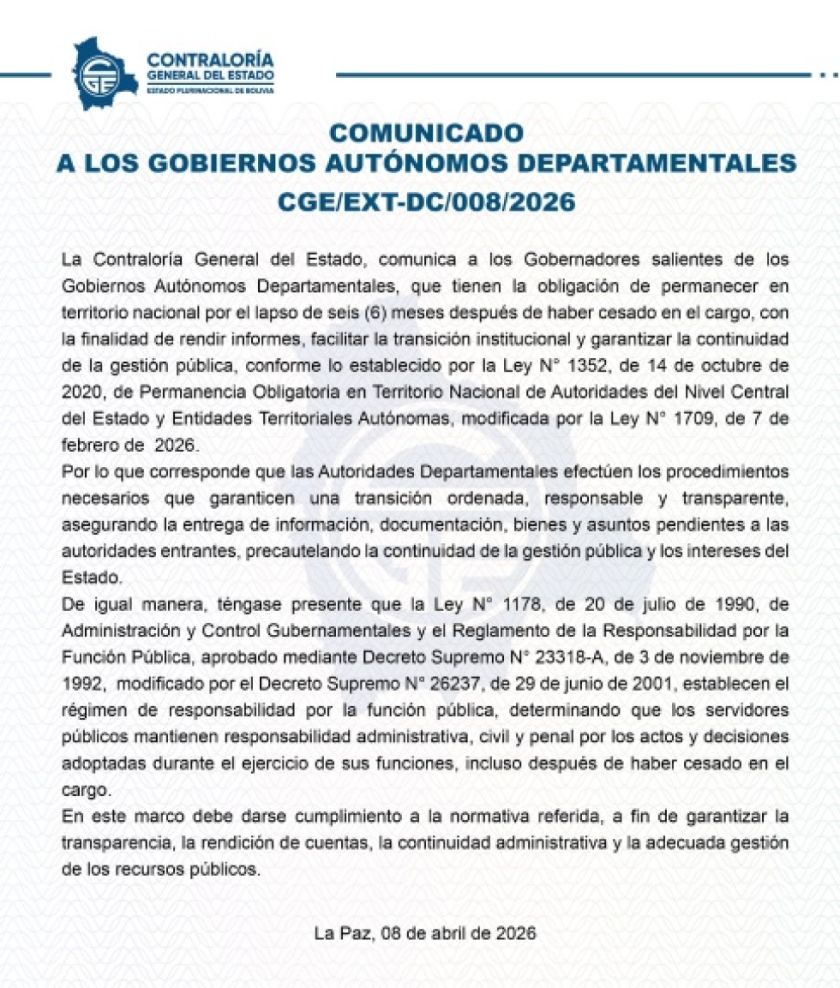 Contraloría: autoridades salientes deben permanecer seis meses en el país tras el cese de sus funciones