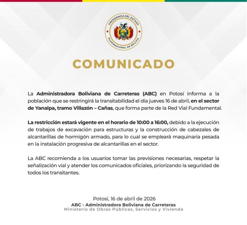 ABC restringe el tránsito en la ruta Villazón – Cañas este jueves