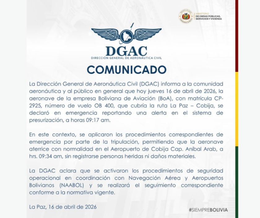 DGAC reporta emergencia en avión de BoA sin personas heridas ni daños materiales