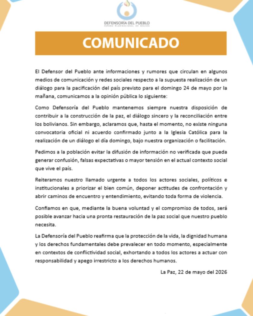 Defensor del Pueblo aclara que con la Iglesia Católica aún no hay convocatoria a dialogar 