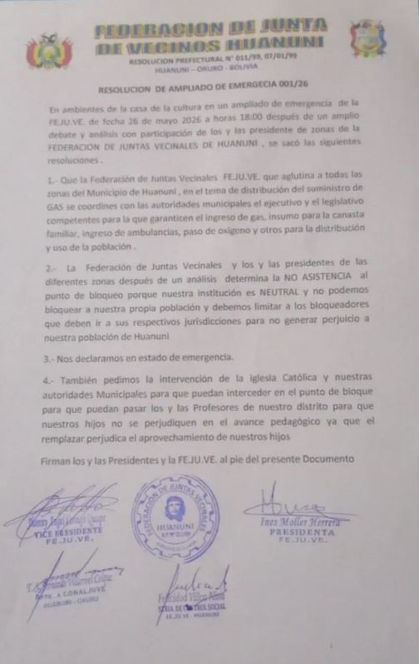 Fejuve de Huanuni rechaza sumarse a los bloqueos