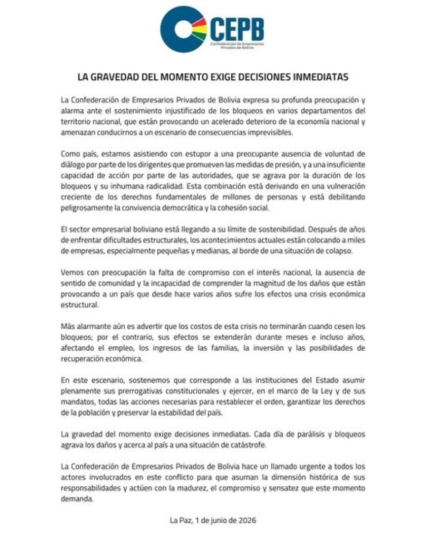 Empresarios Privados de Bolivia expresa su profunda preocupación la crisis en el país