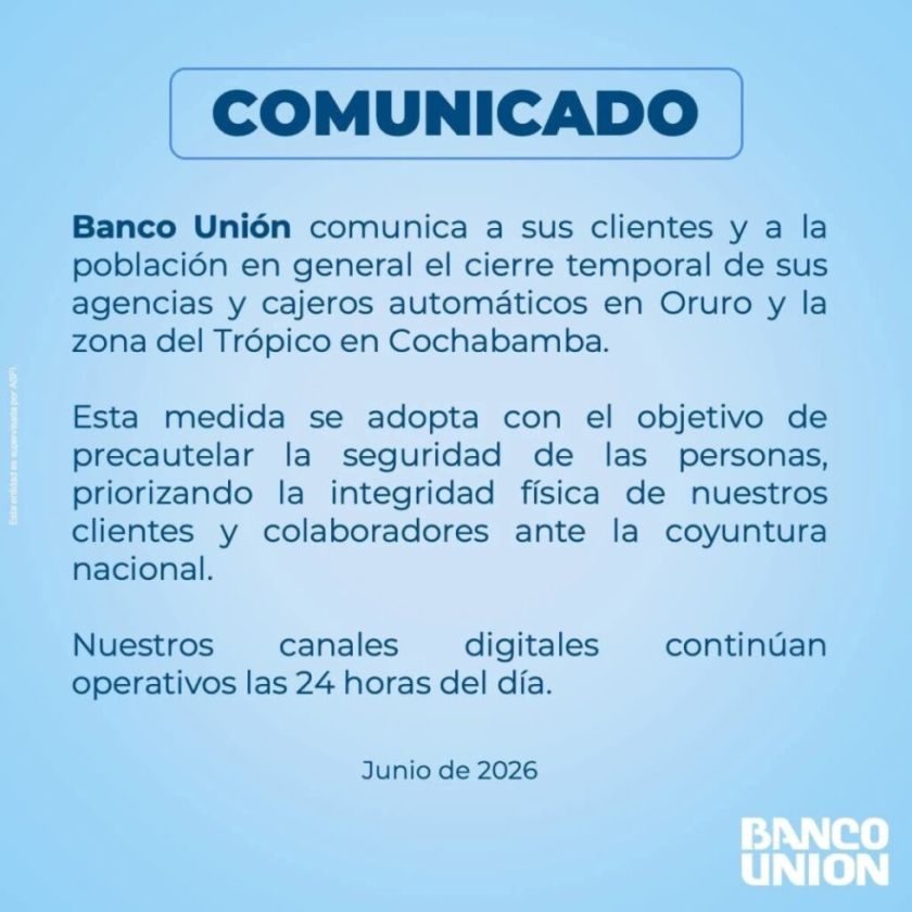 Agencias y cajeros de Banco Unión en Oruro y el Trópico de Cochabamba cierran temporalmente