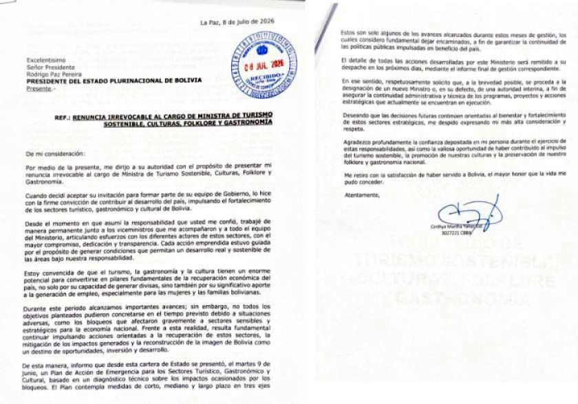 Renuncia al cargo la ministra de Turismo Cinthya Yáñez Eid