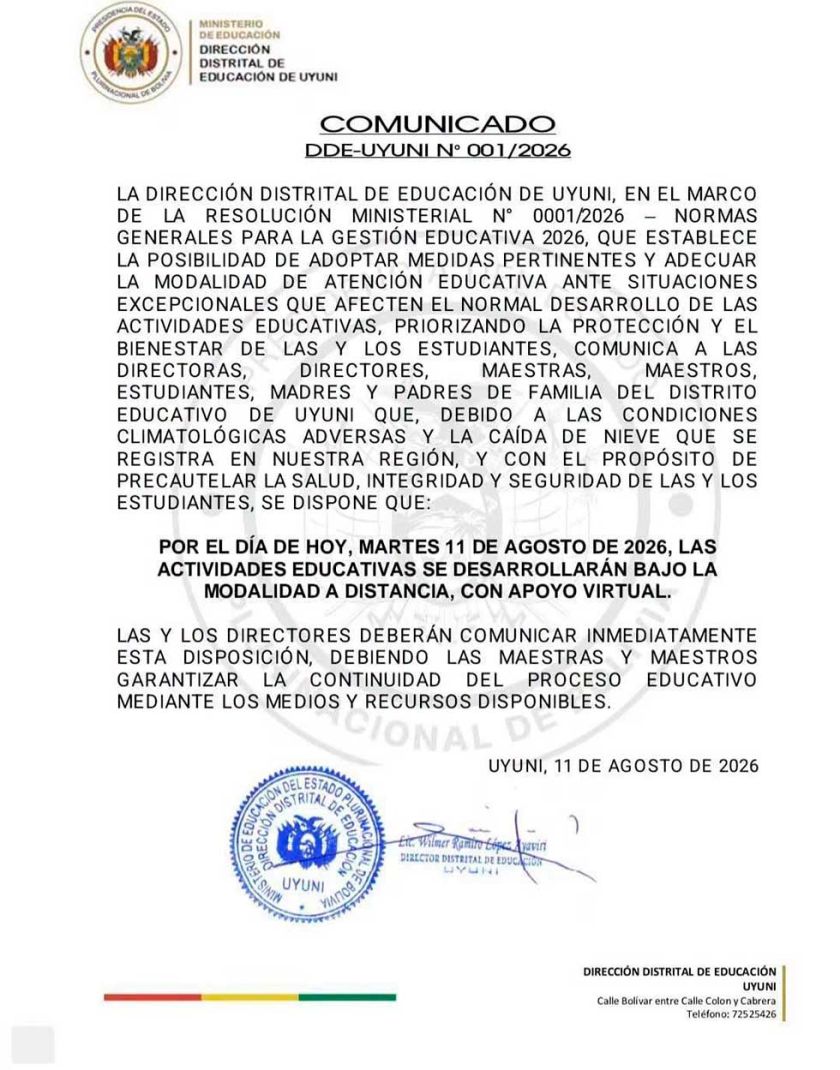 Nevadas llevaron a las clases a distancia en Uyuni y evalúan futuro