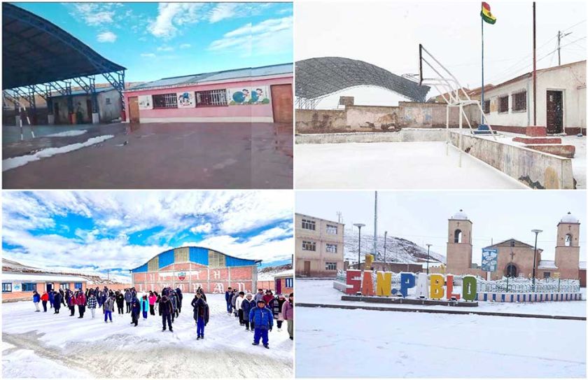 El frío tras nevada no frena a la educación en el sudoeste potosino