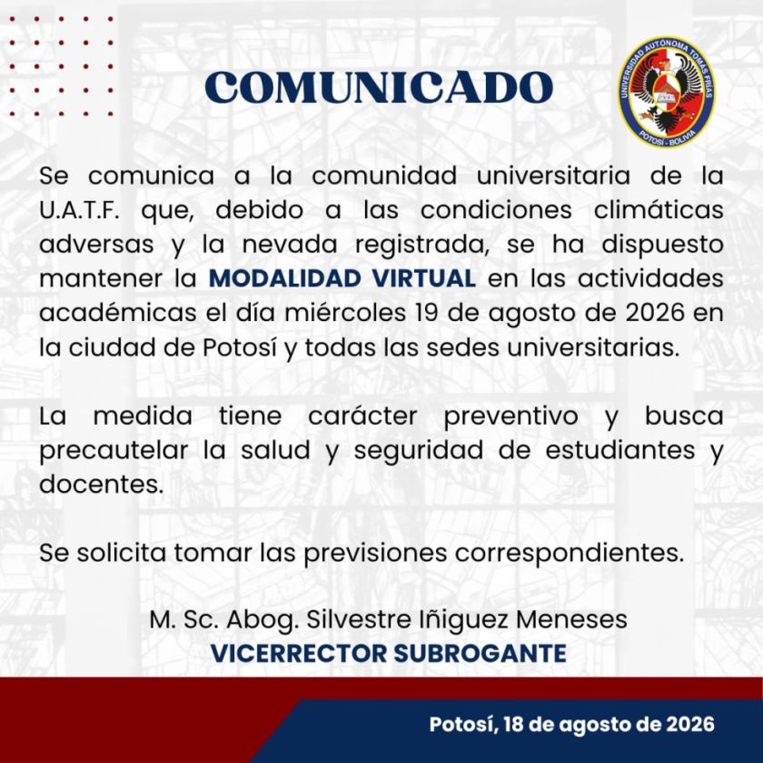 UATF mantendrá las clases virtuales este miércoles 19 de agosto