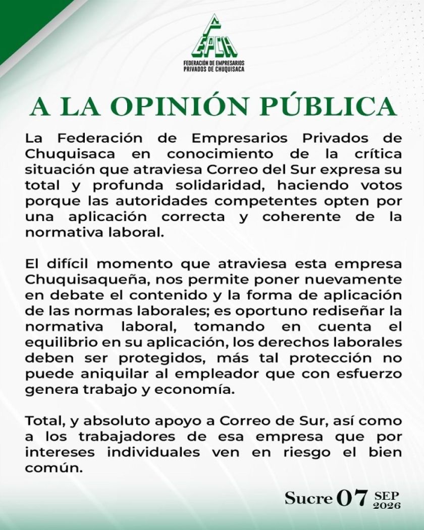Federación de empresarios apoya a Correo del Sur y alerta sobre el riesgo del “bien común”