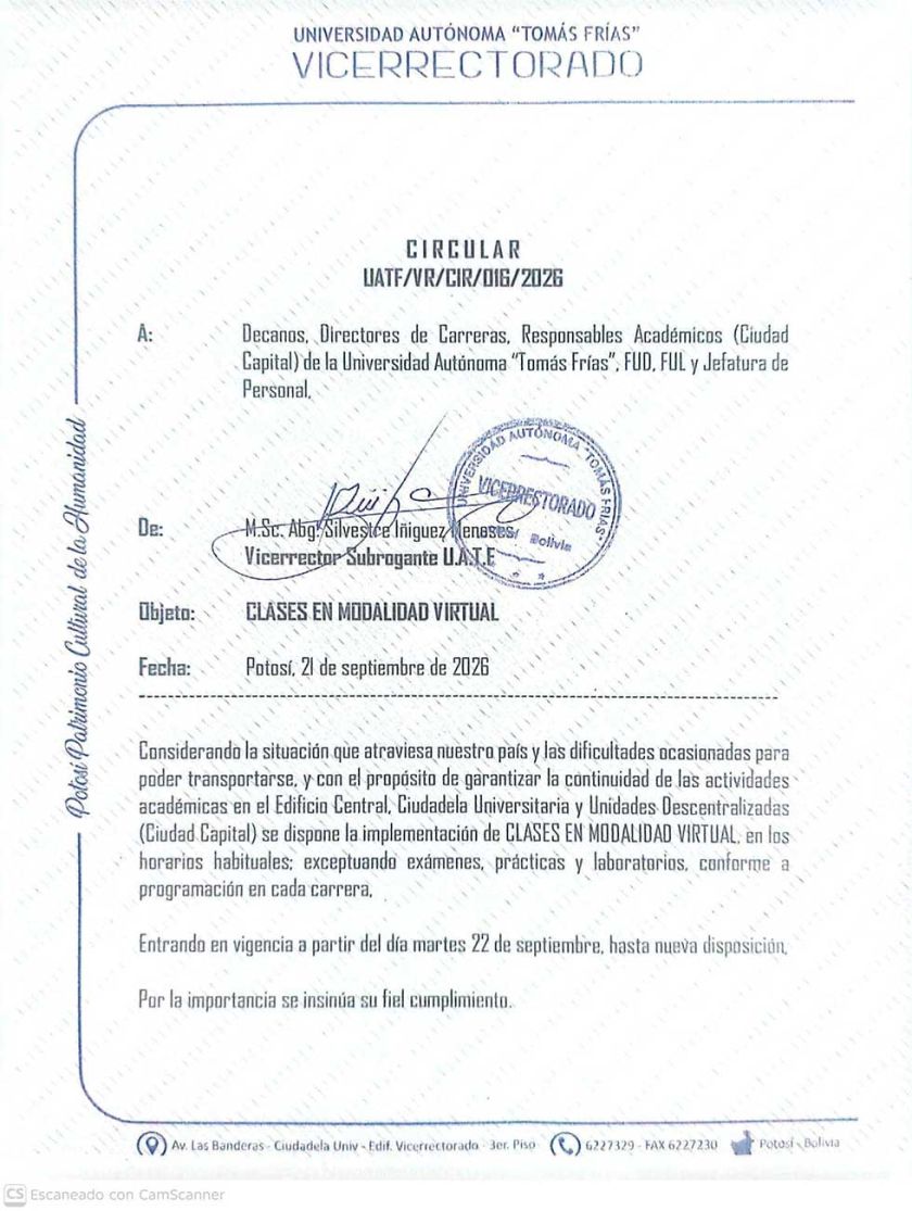 UATF dispone clases virtuales desde el 22 de septiembre