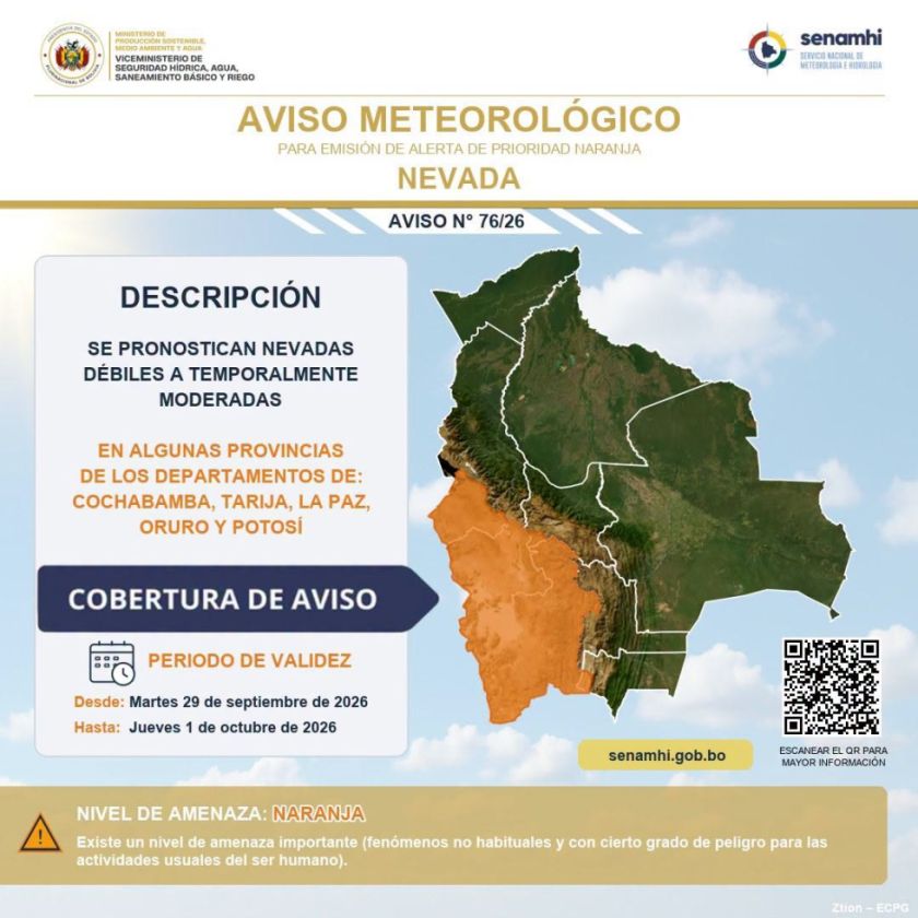 Senamhi emite tres alertas naranjas por frío, nevadas y vientos en parte de Potosí