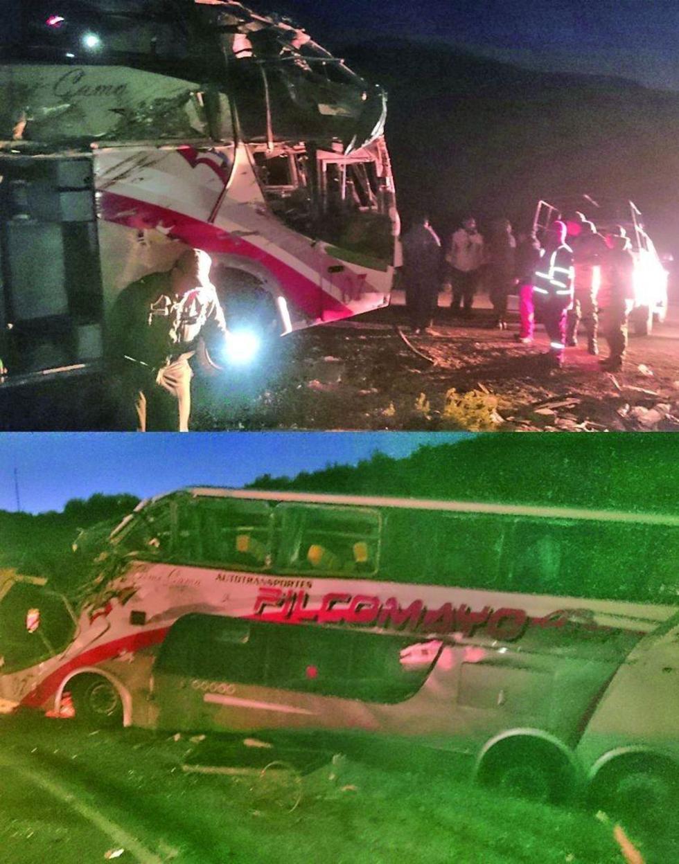 Así quedó el bus después del vuelco de costado derecho.