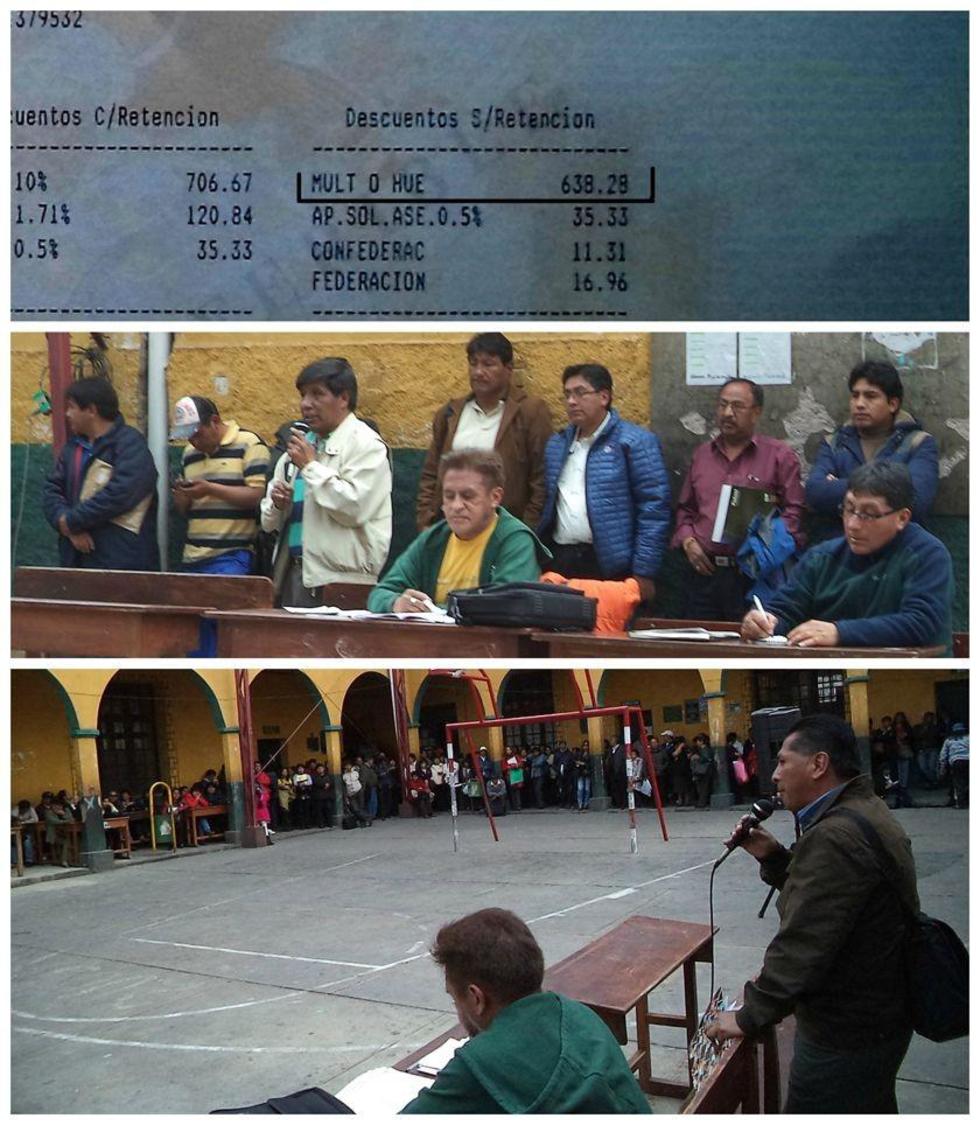 Arriba, una papeleta con el descuento. Abajo, la asamblea docente.