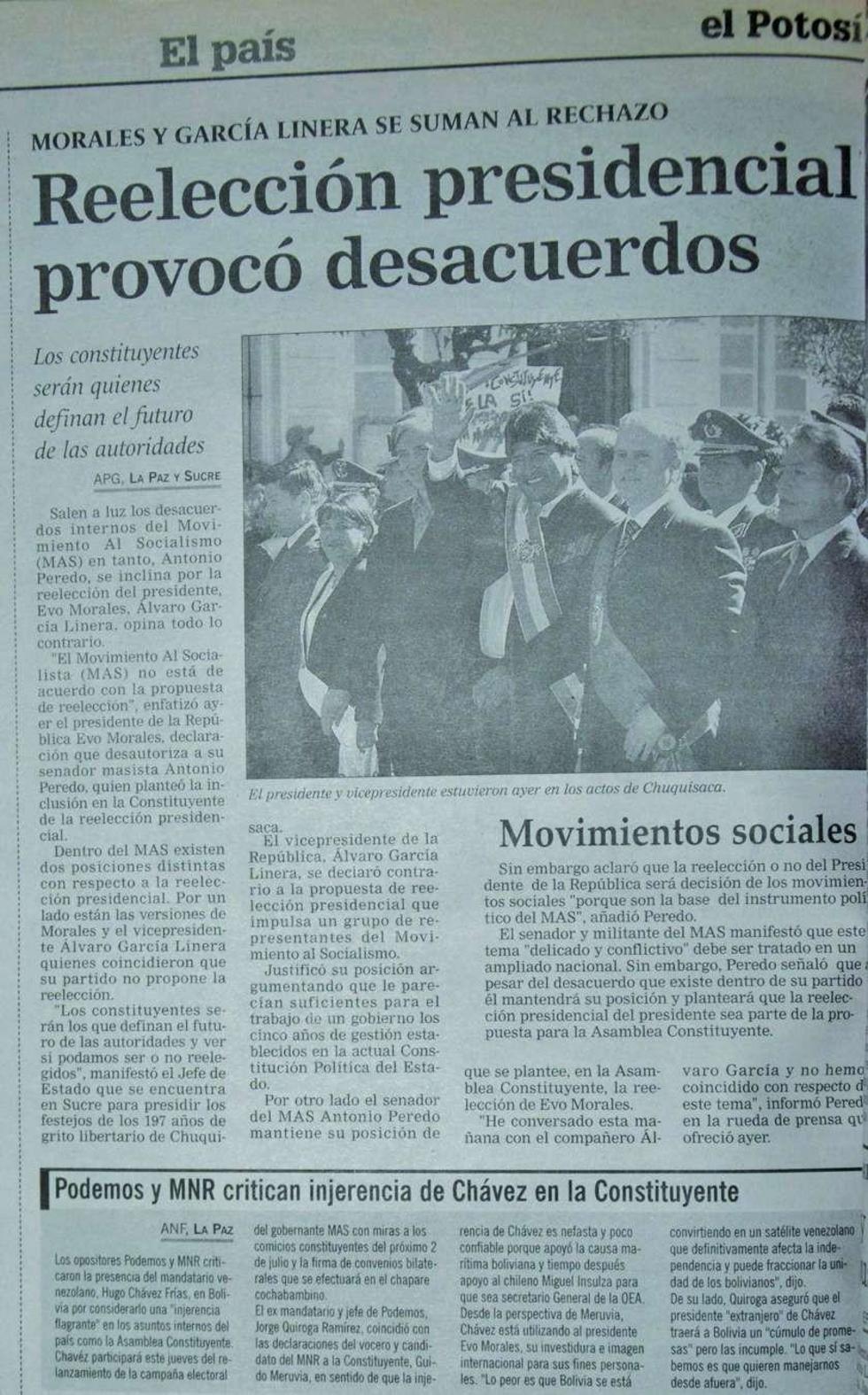 El Potosí publicó las declaraciones del senador Antonio Peredo.
