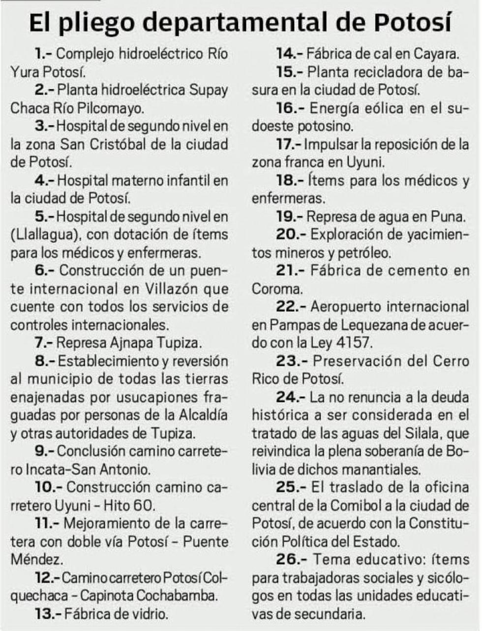 El pliego departamental de Potosí