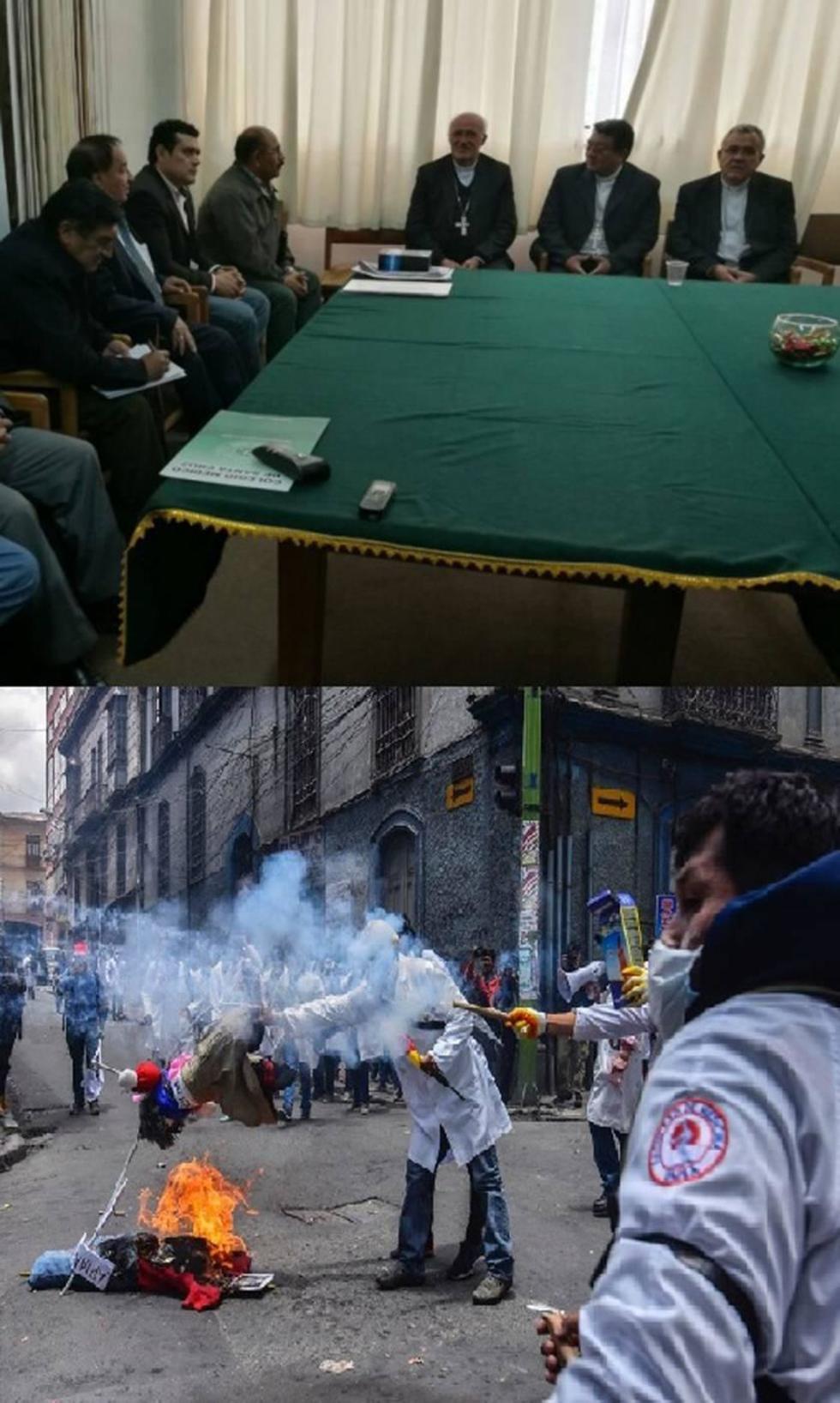 Reunión de médicos y la Iglesia católica. Manifestaciones en La Paz.
