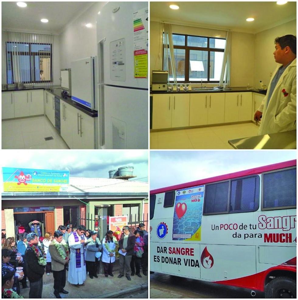 Arriba: los equipos de análisis de alimentos. Abajo, la unidad móvil y la inauguración del Banco de Sangre.