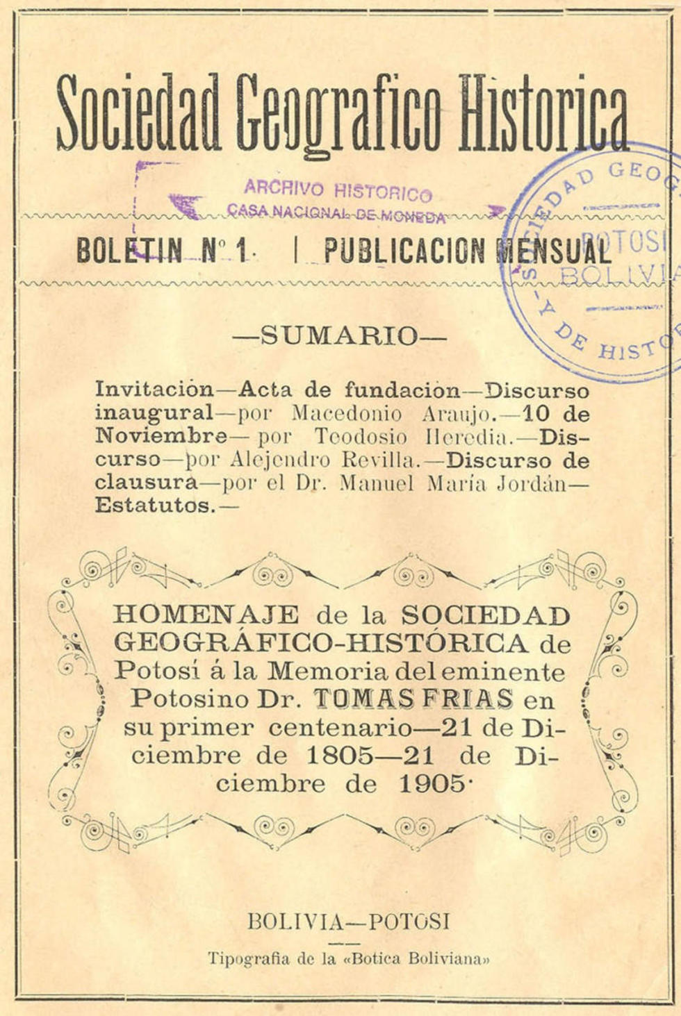 El primer boletín de 1905 en homenaje al nacimiento de Tomás Frías.