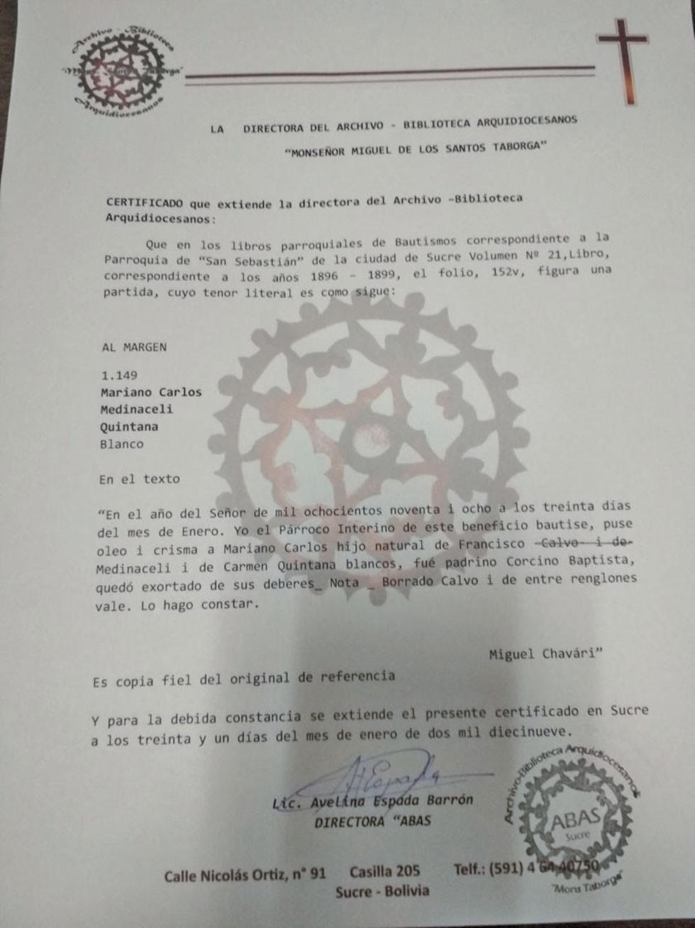 Partida de bautismo original custodiada por el ABAS.