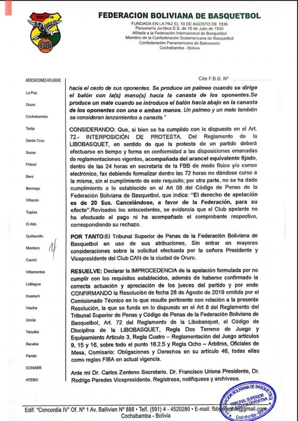 La parte resolutiva del fallo del Tribunal de Justicia Deportiva.