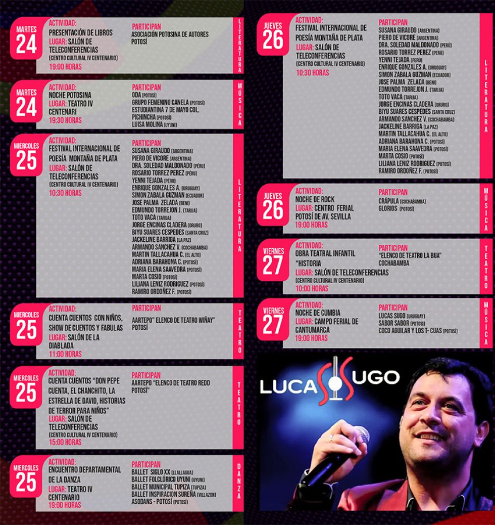 El Potosí le ofrece, en estos gráficos, el programa completo del FIC de la Gobernación.