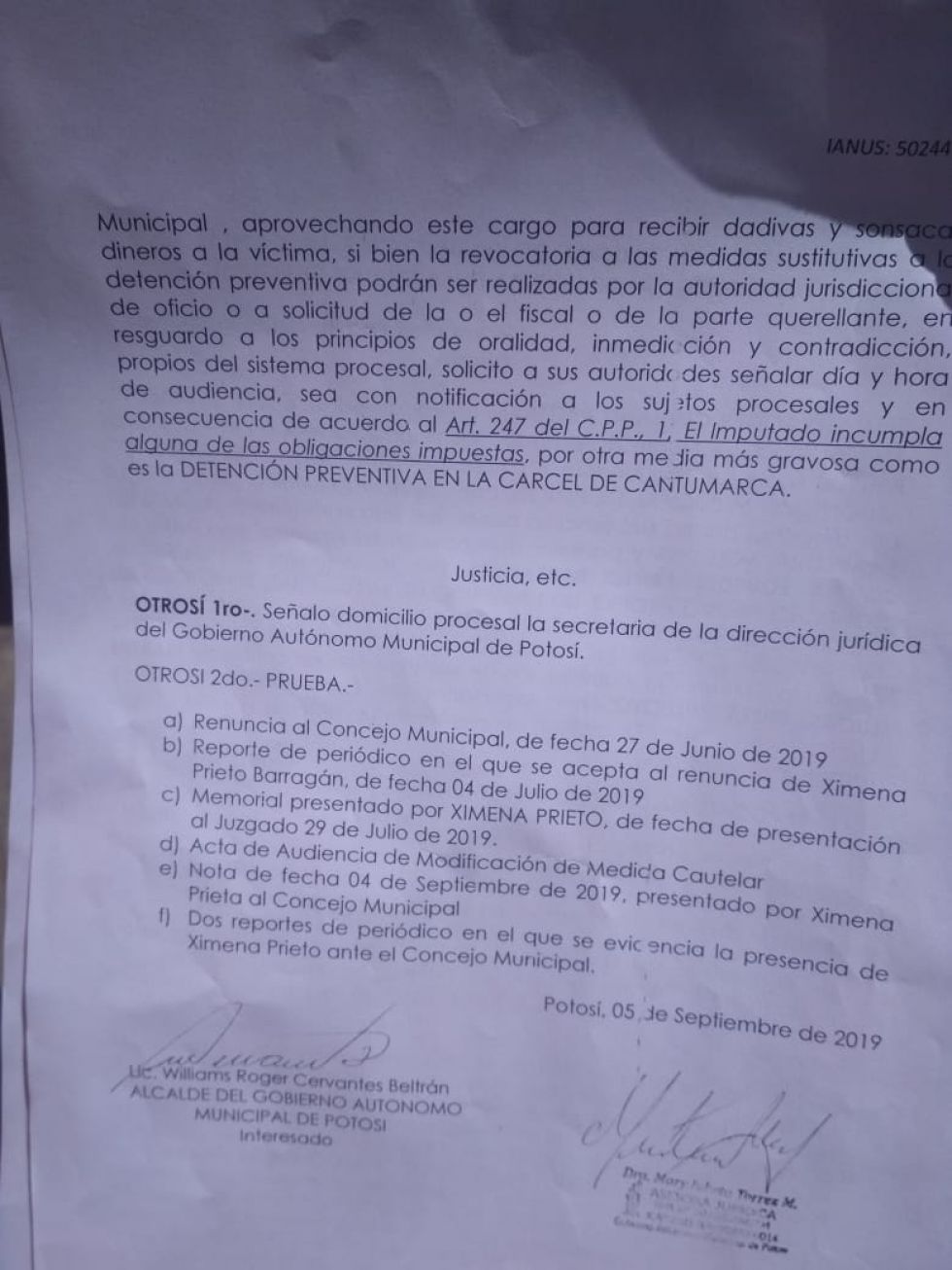 El memorial enviado por el alcalde