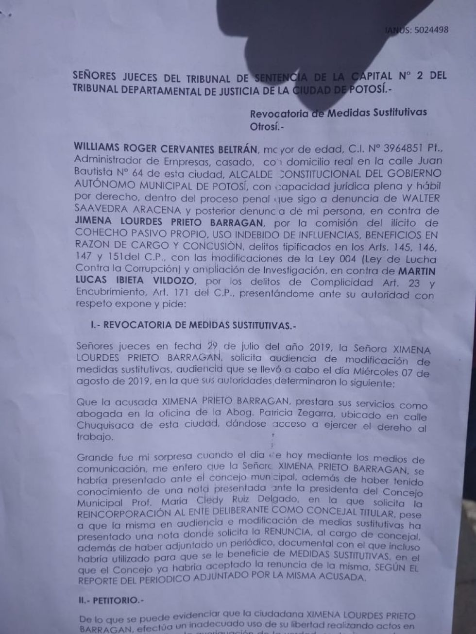 El memorial enviado por el alcalde