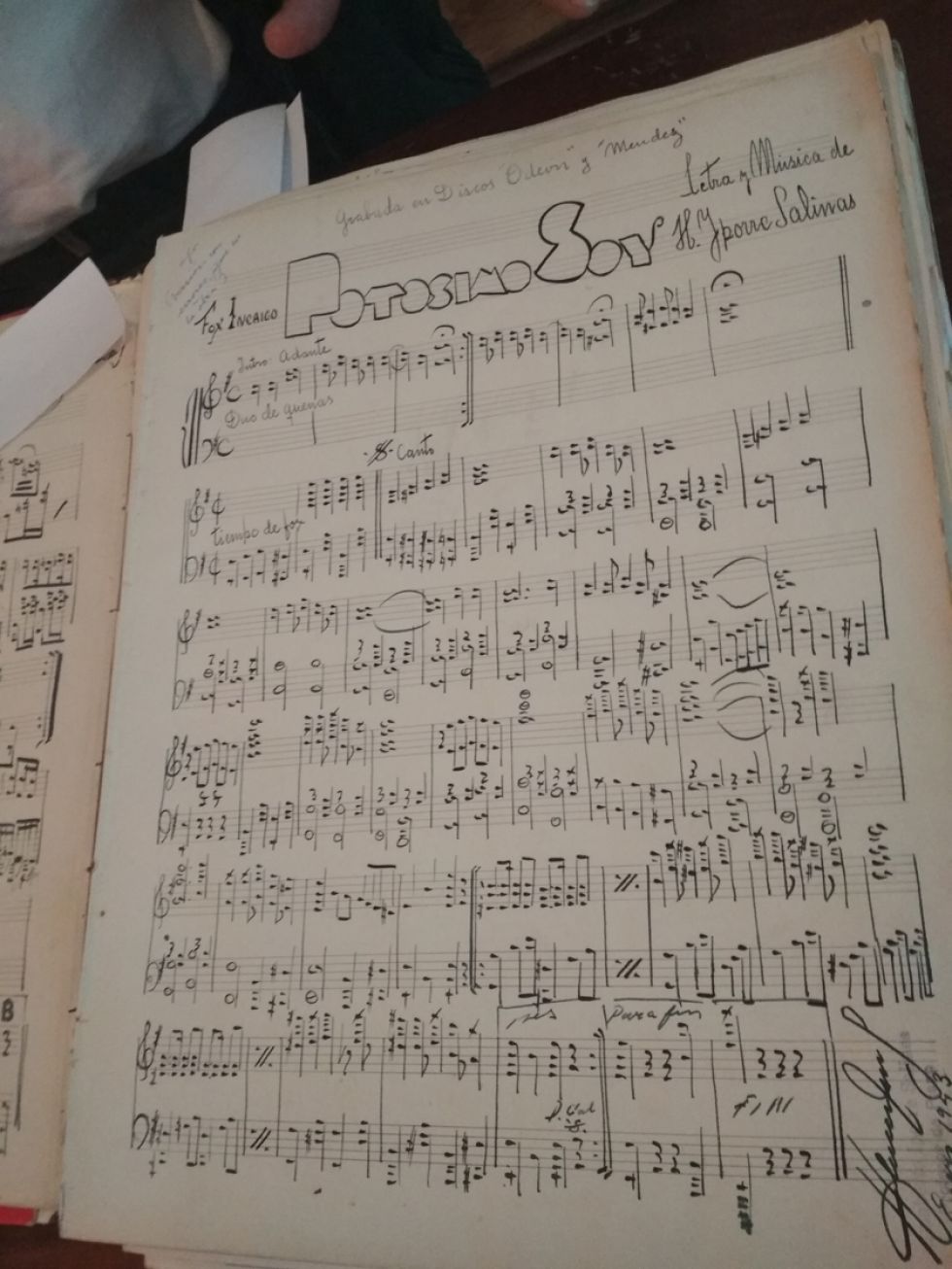 La partitura de "Potosino soy", firmada por su autor, Humberto Iporre Salinas.