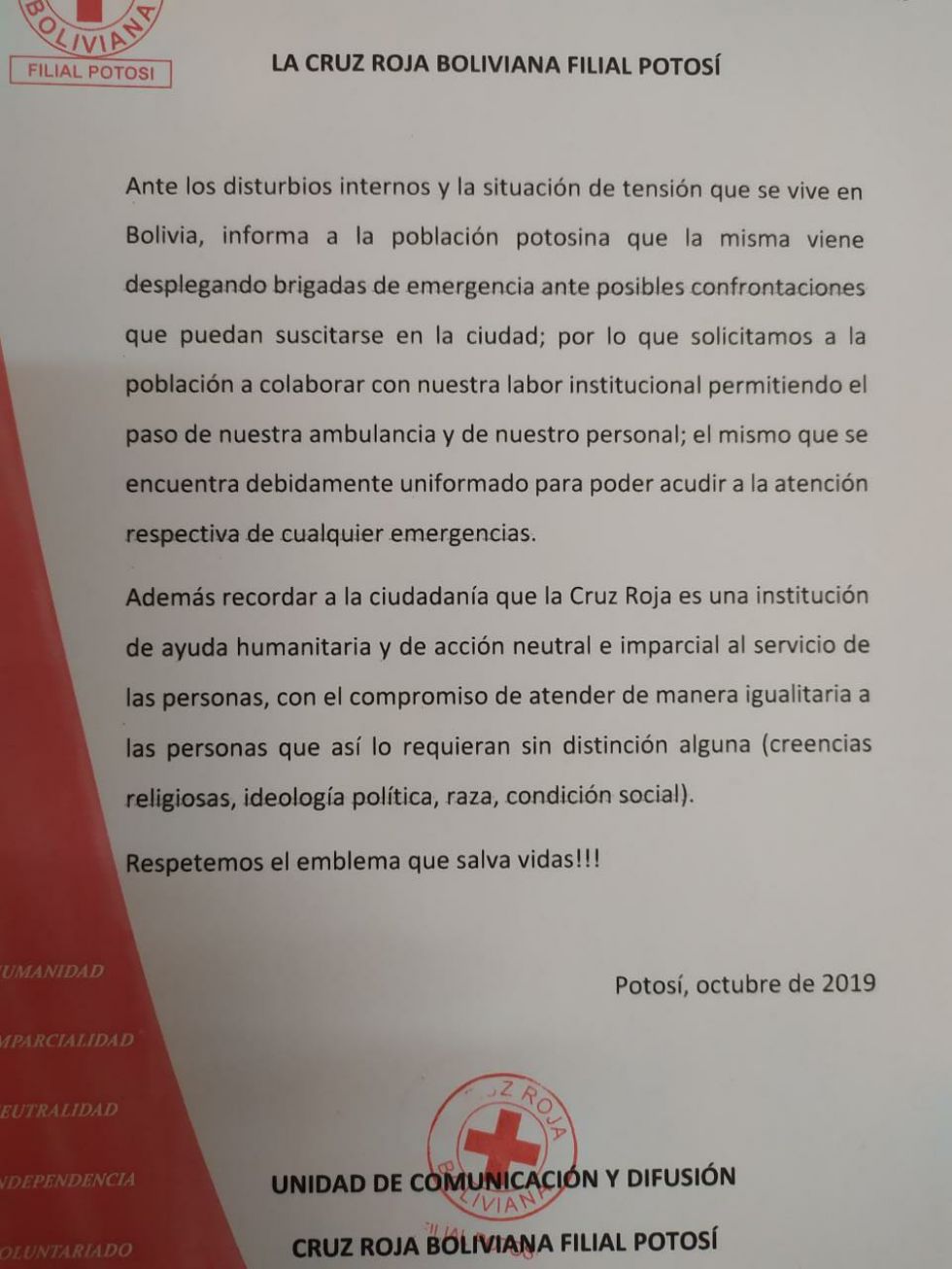 El documento de la institución.