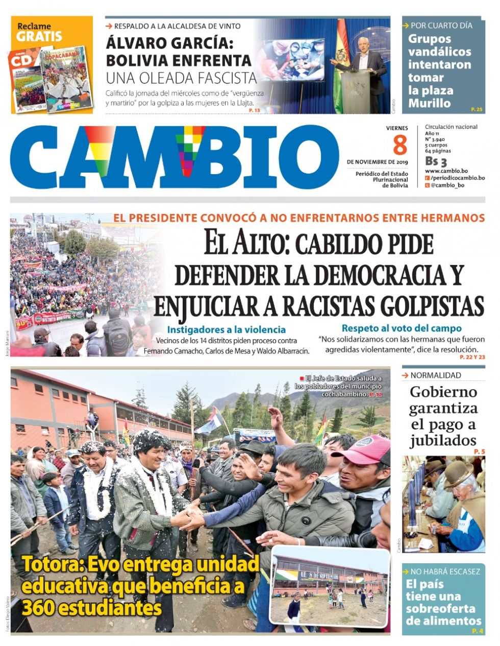 Cambio, diario oficialista.