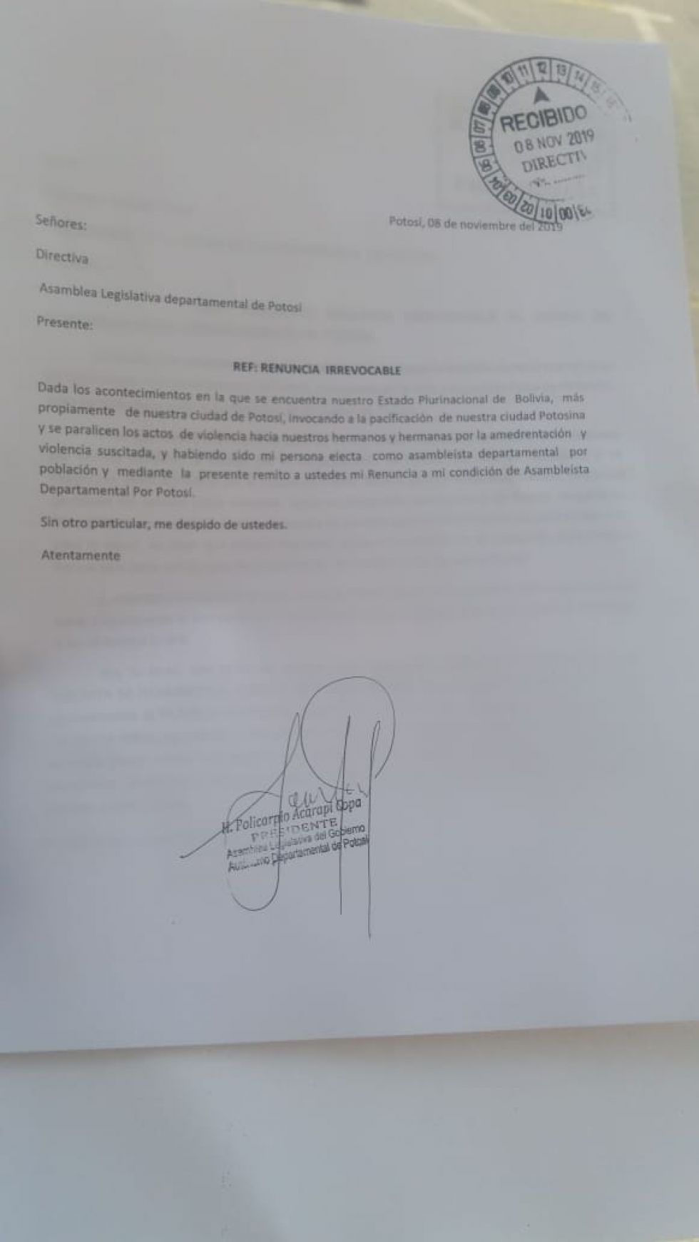 El legislador mostró la renuncia fue presentada por Juan Carlos Cejas
