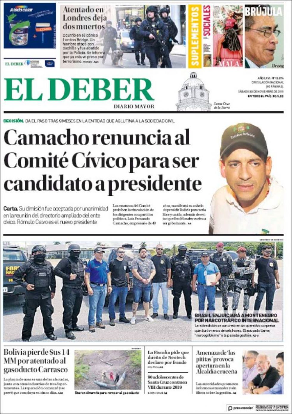 El Deber no actualizó portada. Esta tapa es de ayer.