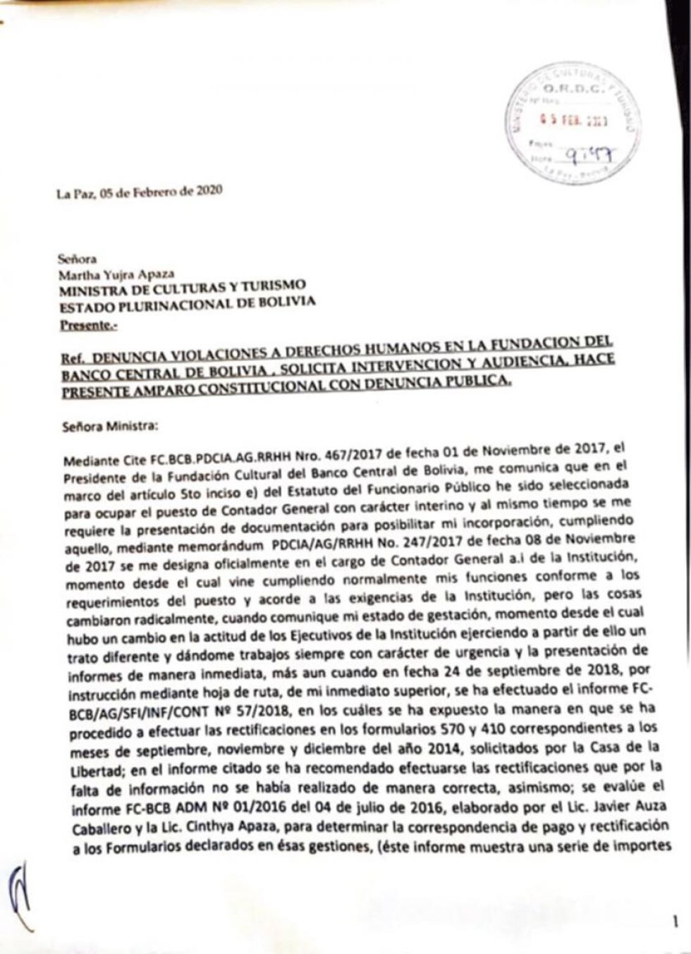 La carta enviada a la ministra de Culturas, Martha Yujra.