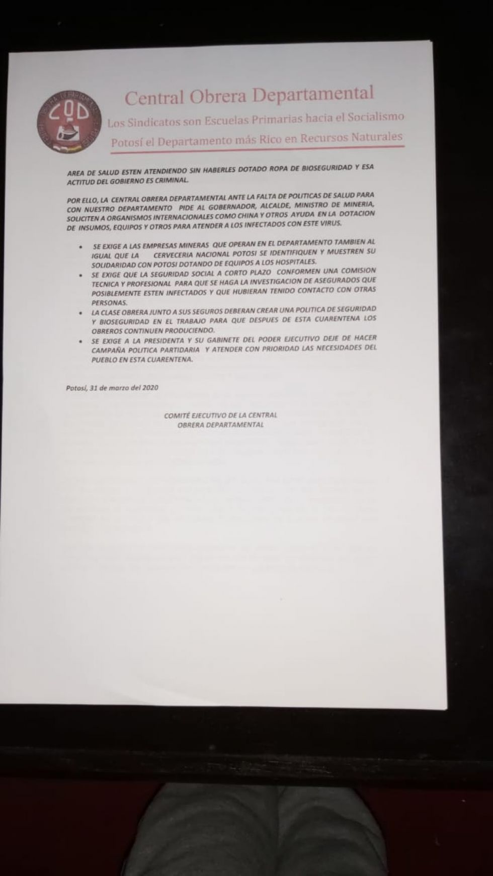 El documento enviado a las autoridades.