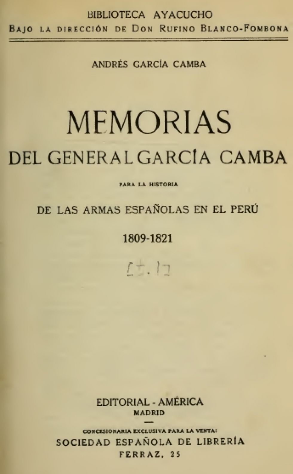 Portada de las Memorias del General García Camba.