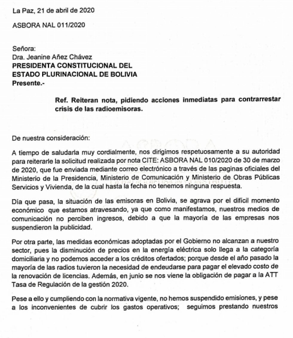 La nota enviada por la Asociación Boliviana de Radiodifusoras (Asbora)  a la presidenta Jeanine Áñez.