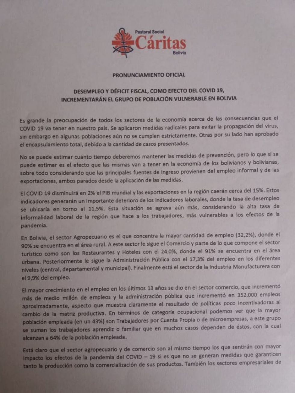 El comunicado de la agencia religiosa.