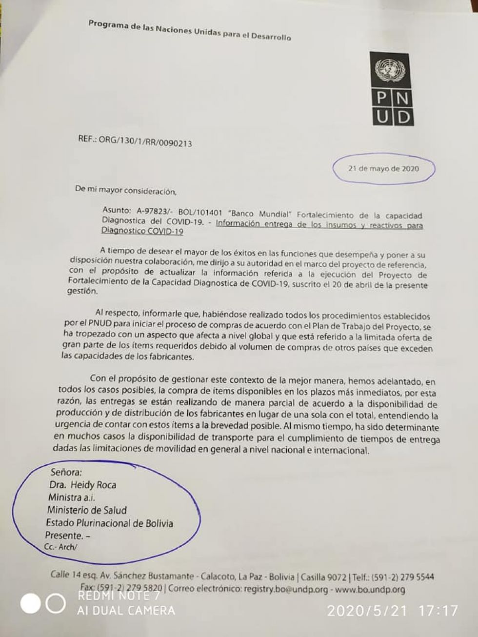 Carta que indica la fecha en la que llegarán los reactivos al país. FACEBOOK LUIS ALBERTO LÓPEZ
