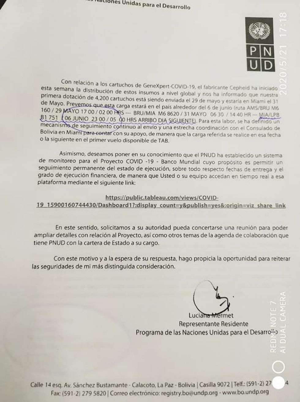 Carta que indica la fecha en la que llegarán los reactivos al país. FACEBOOK LUIS ALBERTO LÓPEZ