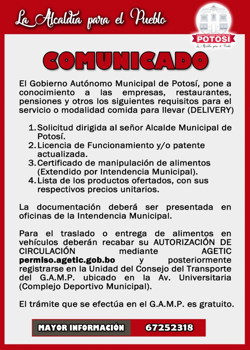 La Intendencia Municipal y el Consejo del Transporte publicaron un comunicado sobre los requisitos para autorizar el servicio de Delivery