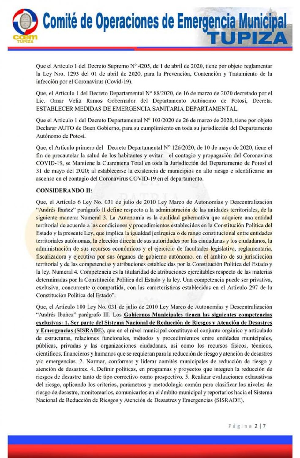 Resolución del COEM Tupiza