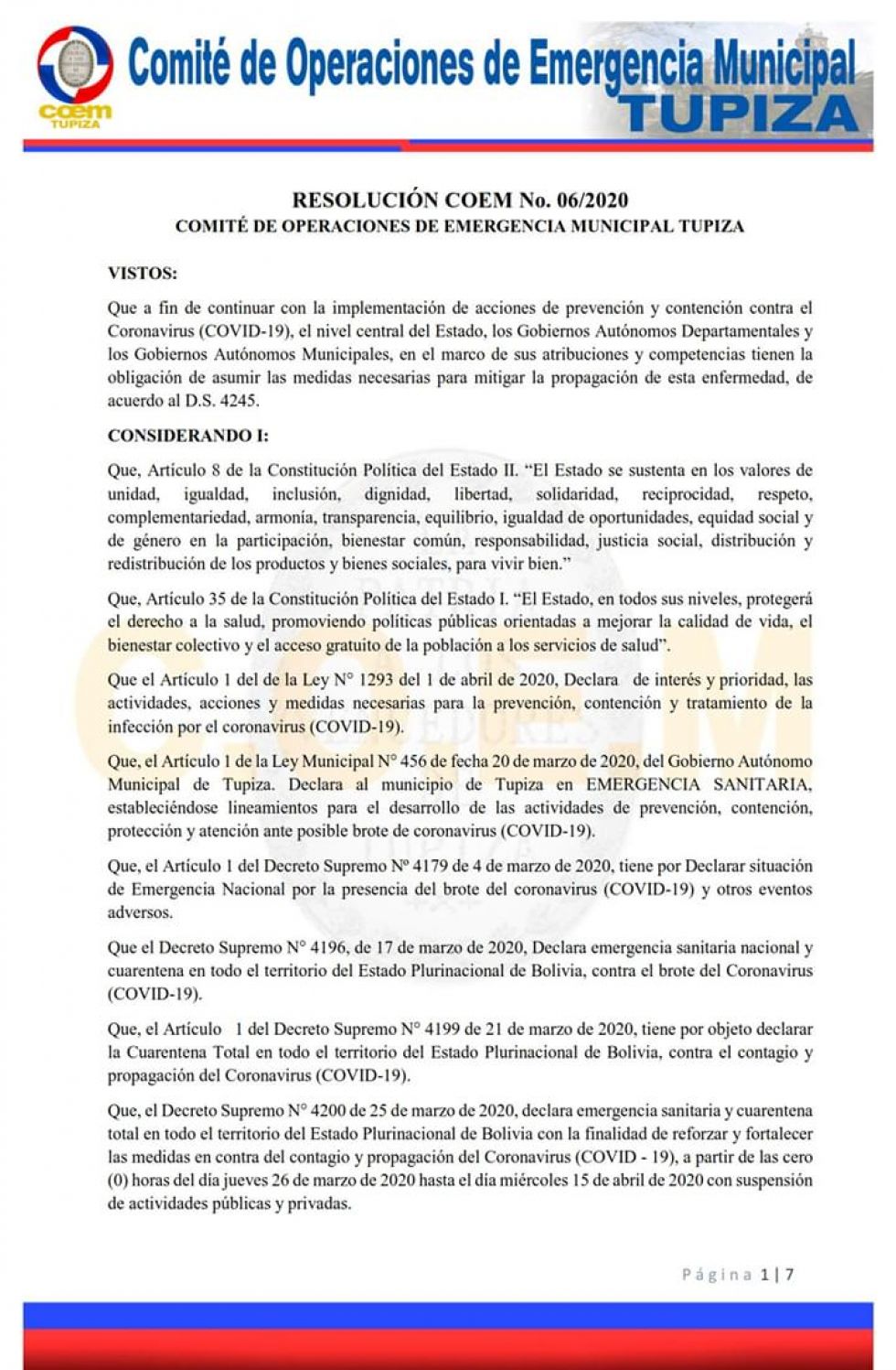 Resolución del COEM Tupiza