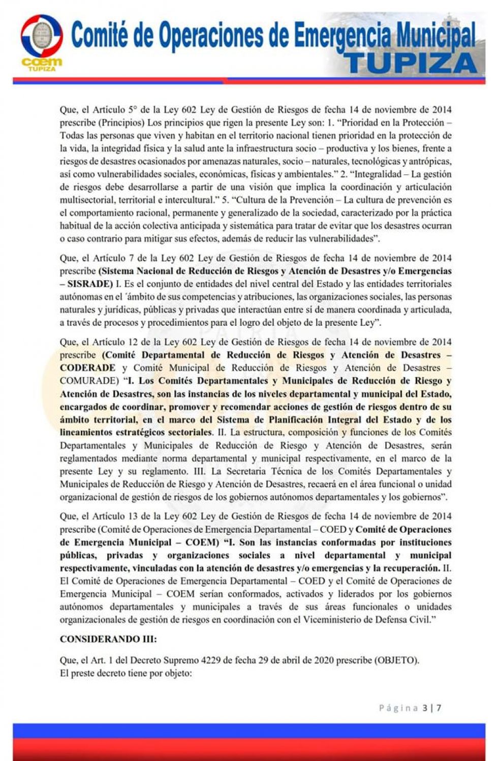 Resolución del COEM Tupiza