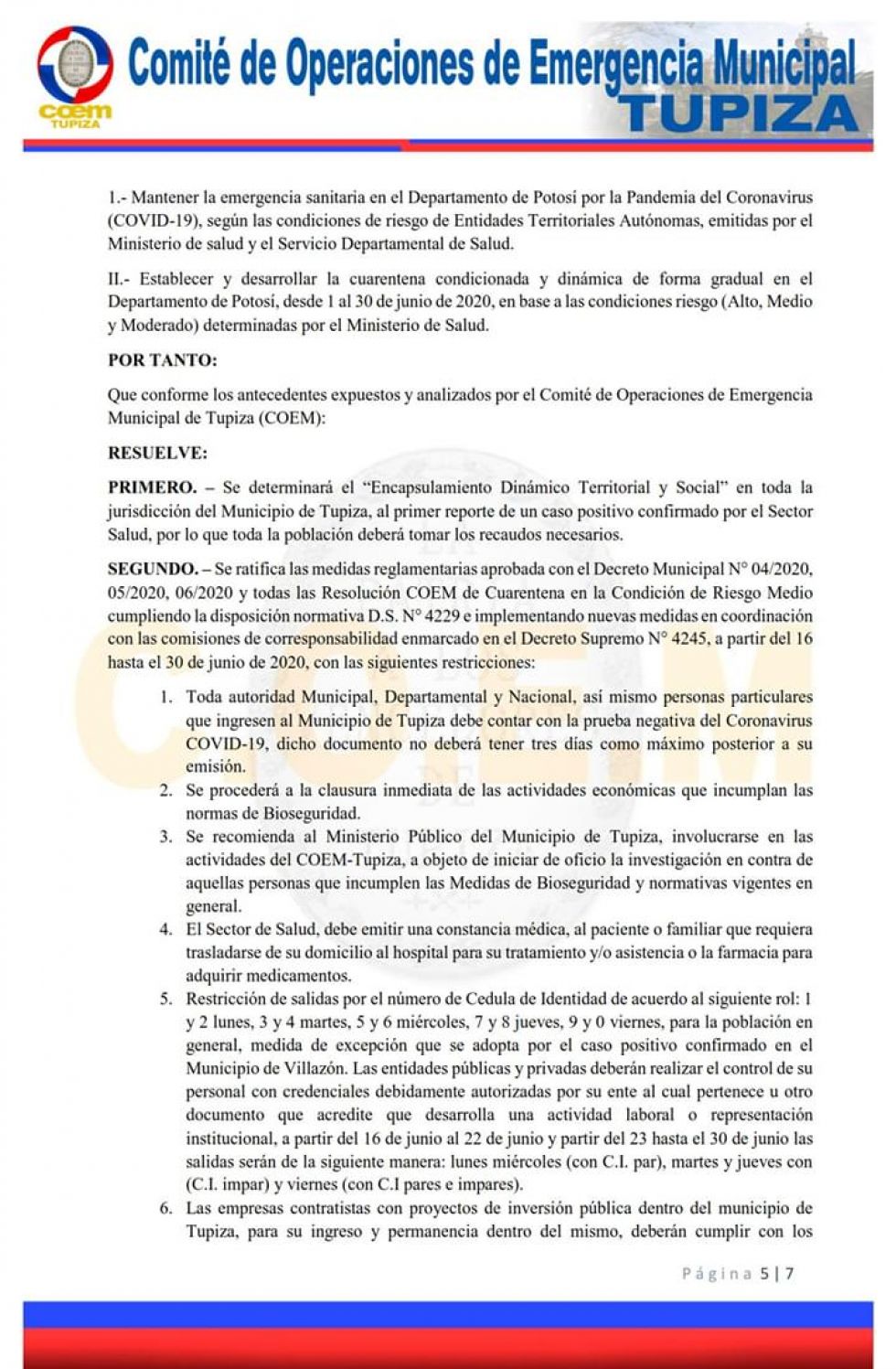 Resolución del COEM Tupiza
