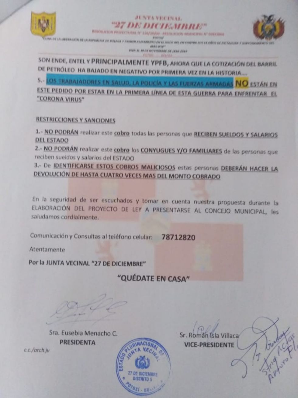 La nota de los vecinos.