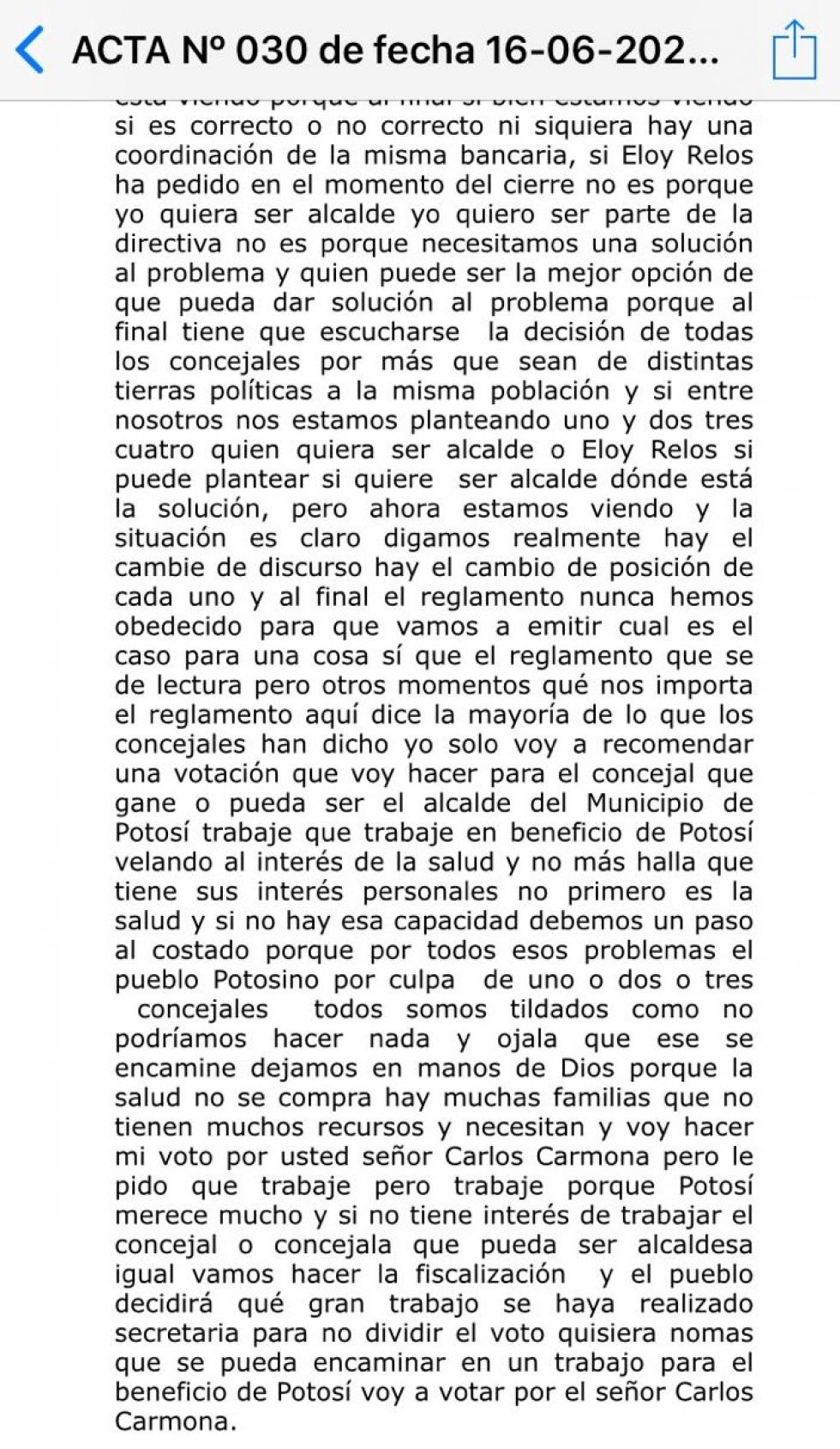 Acta del Concejo que muestra el voto de Relos.