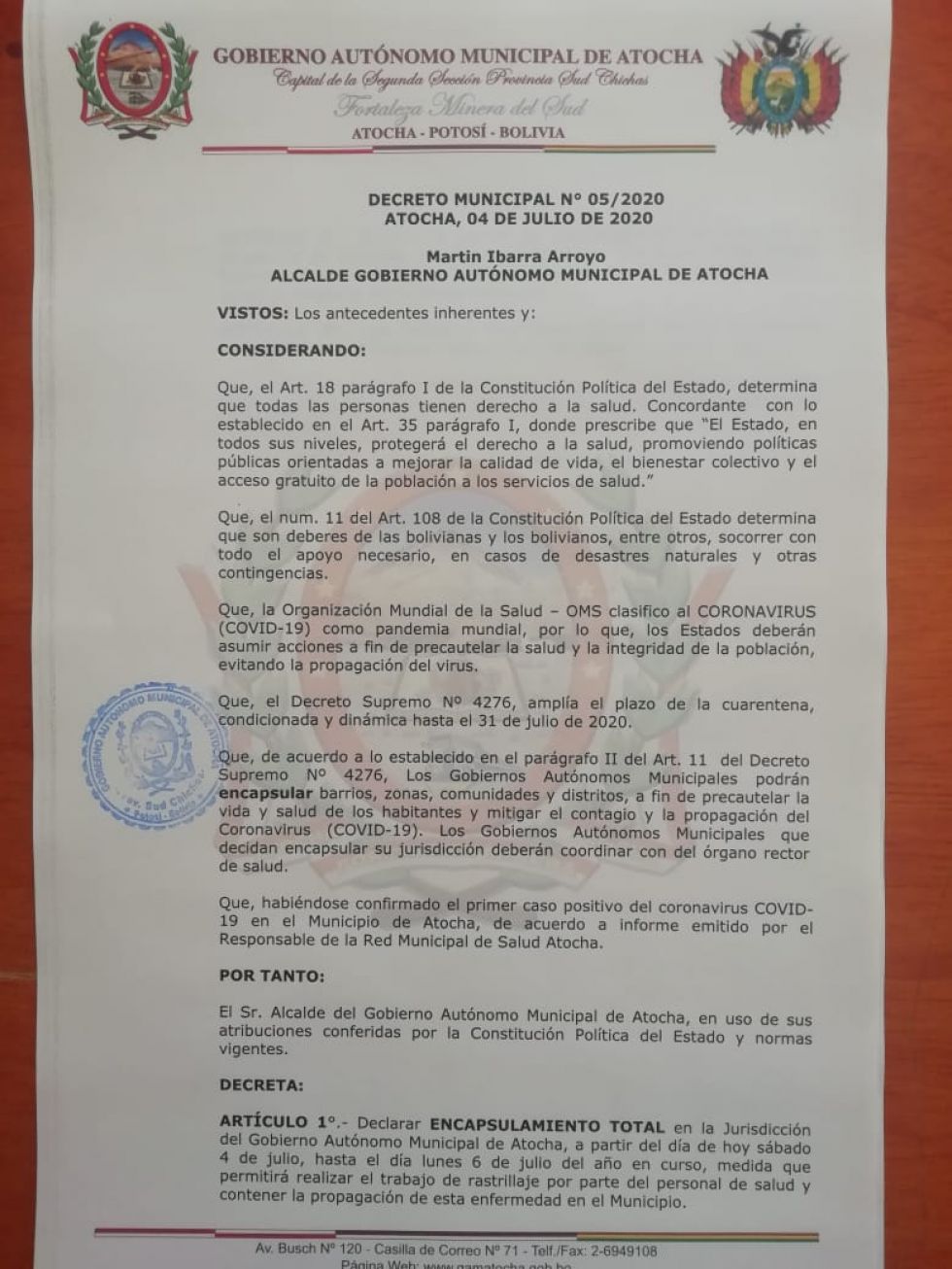 Decreto municipal sobre el encapsulamiento.